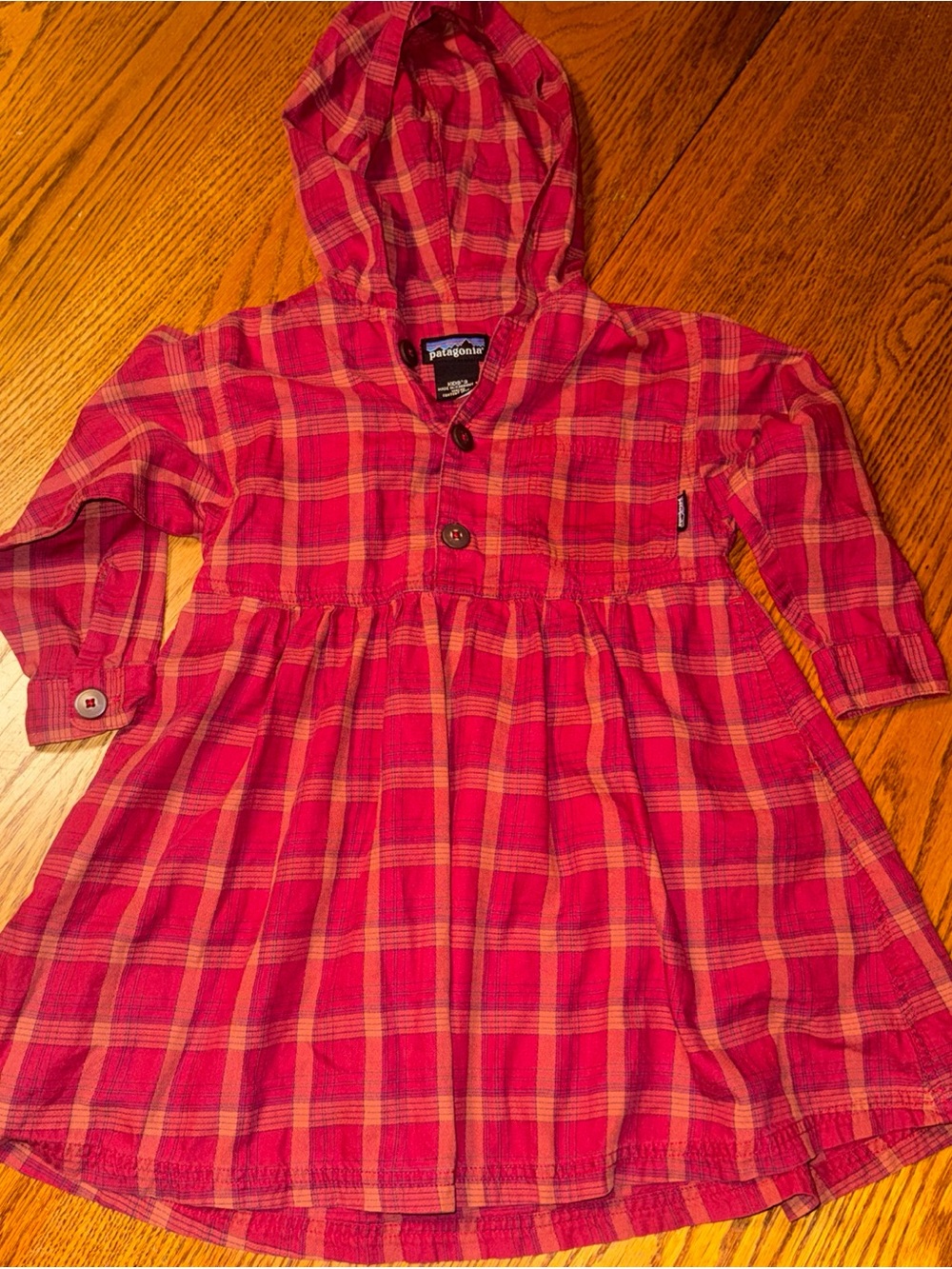 Patagonia Girls' Red and Orange Plaid Hooded Dress